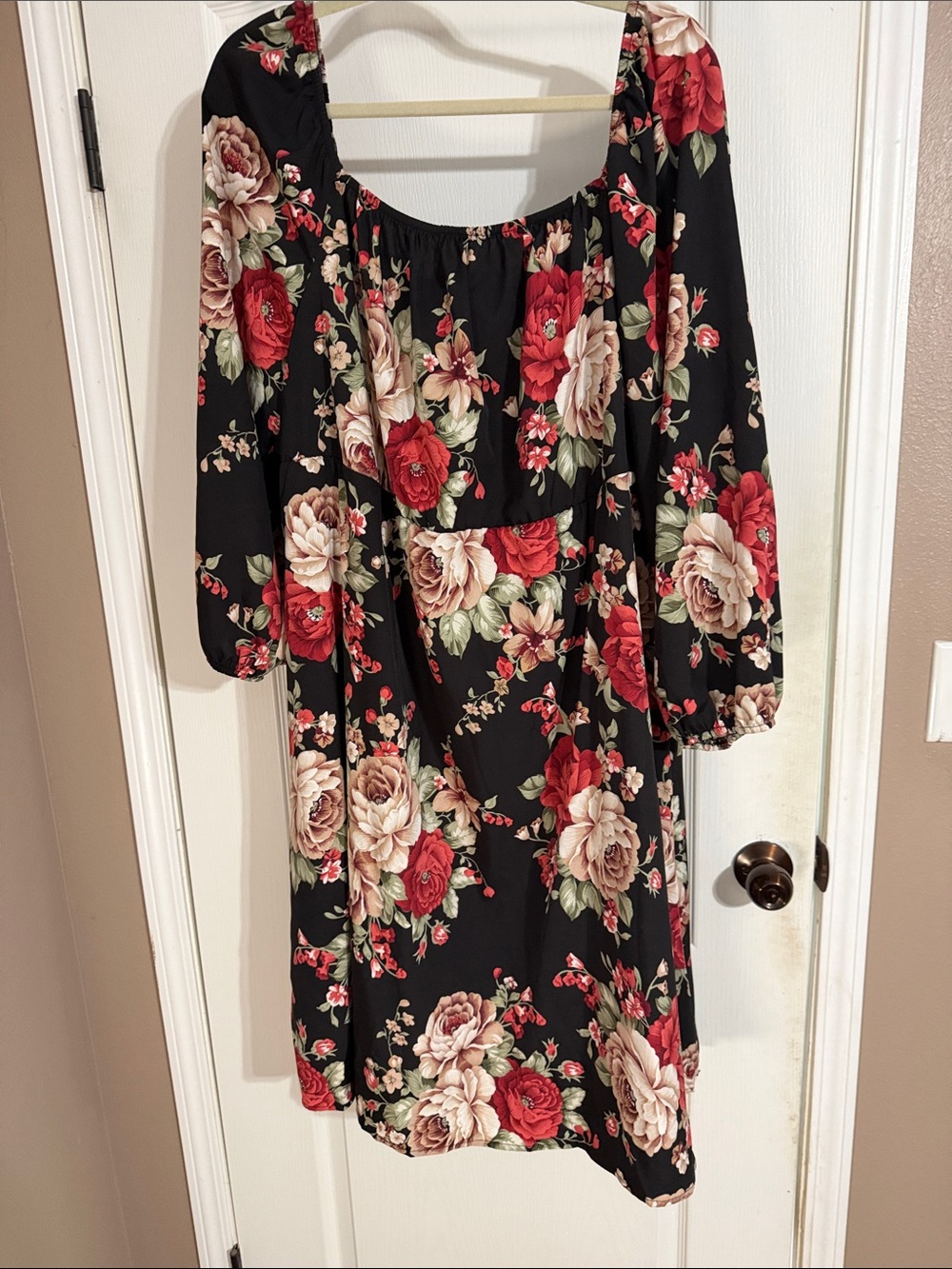 SHEIN Black Midi Dress with Red and Cream Rose Print
